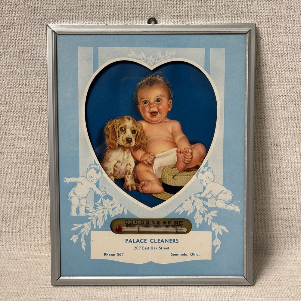 Vintage Baby & Dog Framed Thermometer Picture 1930s to 1950s Wall Hanging